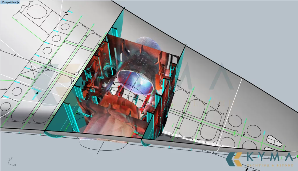 immagine di una sezione di impianti ottenuta con la scansione laser 3D ed inserita nel relativo modello 3D virtuale