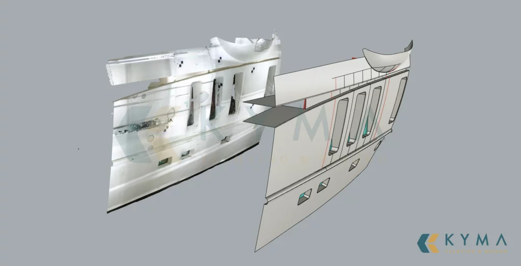 immagine di una parte di scafo scansionato con laser 3D ed il rispettivo modello 3D elaborato